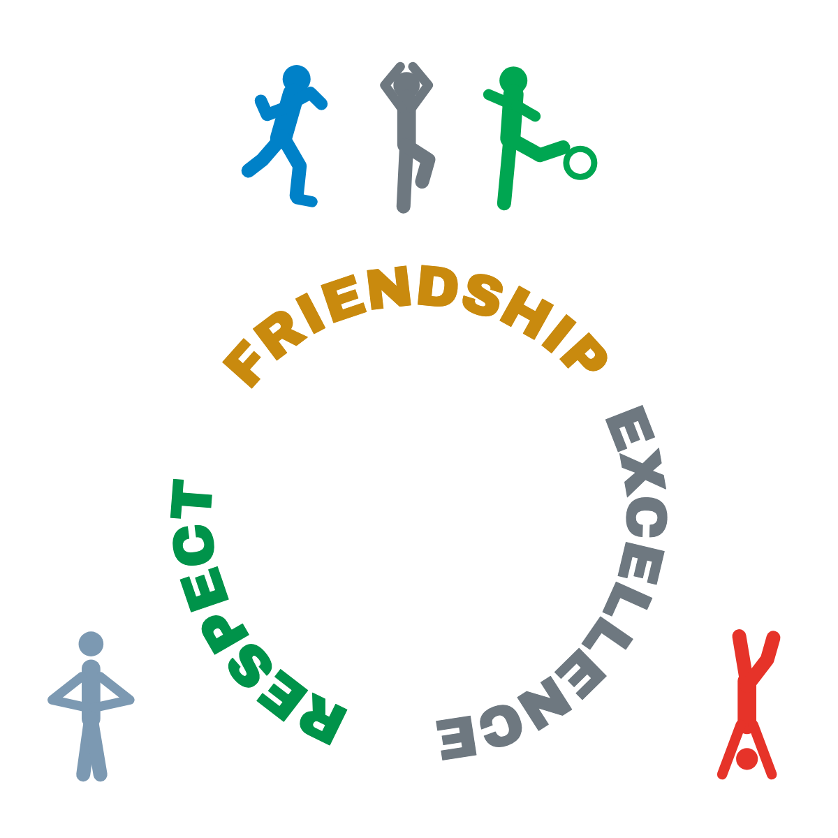 Friendship, excellence, respect — the three values, in a circle, carried by the sport figures