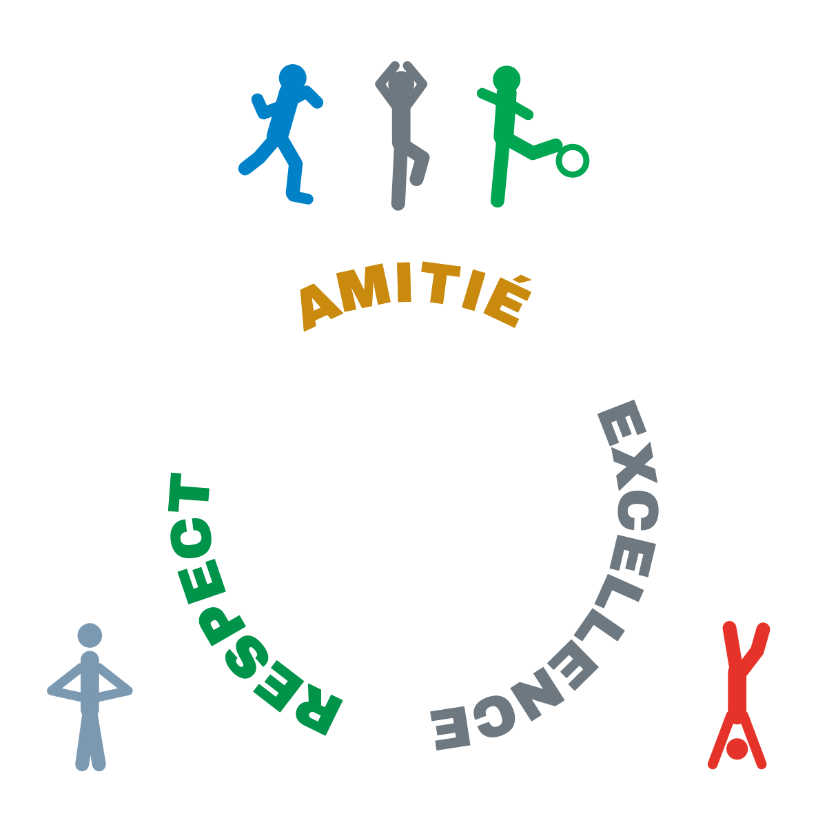 Amitié, excellence, respect — les trois valeurs, en cercle, portées par les figures du sport